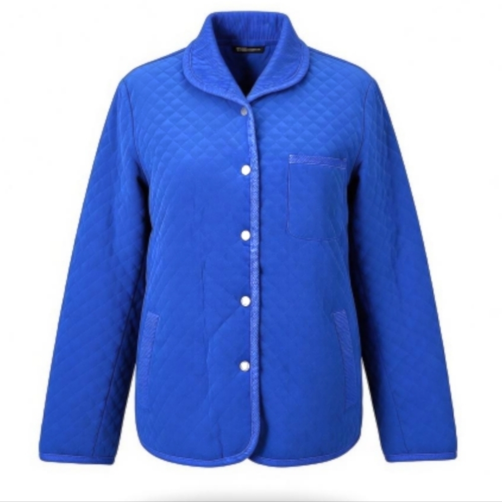 Talbots Barn Jacket Shacket Size M Blue Quilted Corduroy Collar Trim Snap Front